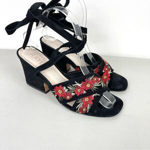 RAYE Black Suede Red Floral Embroidered Wrap Around Heeled Sandals Size 8.5